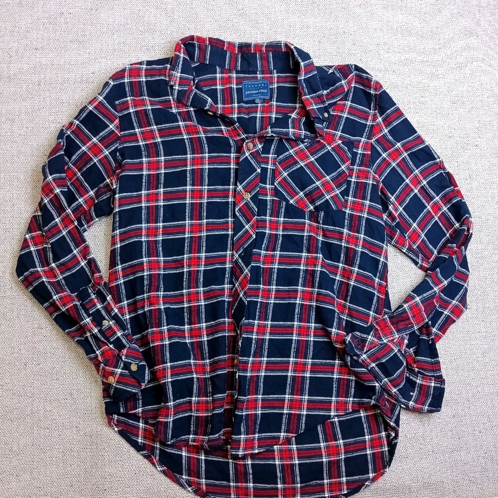 Jackson Hole Flannel Shirt Mens M Navy Red Excellent Plaid Button Down Cotton